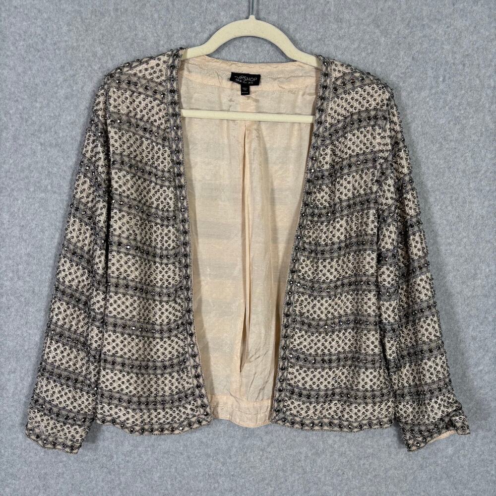 Topshop Jacket Womens Size 6 Beaded Champagne Silver Pewter Embellished Formal
